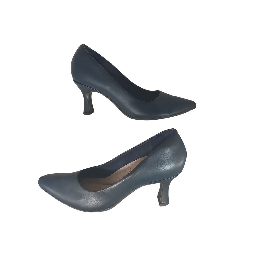 Clarks Collection Navy Blue Pointed Toe Kitten Heel Pumps Womens 8.5 W Wide 2.0